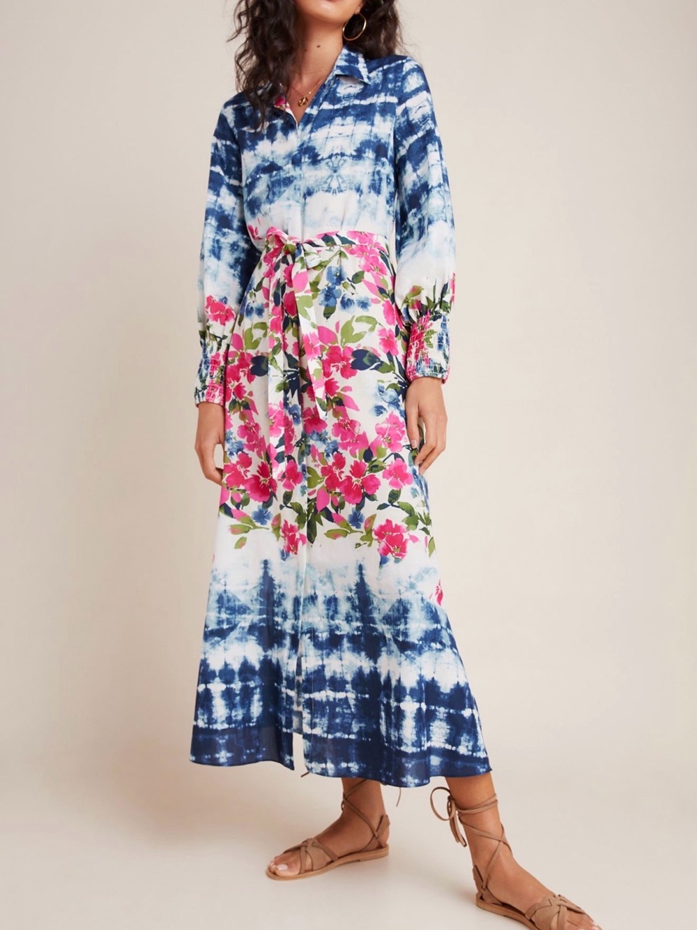 Misa Los Angeles Bettina Maxi Shirt Dress Large Navy Pink Floral Button Up